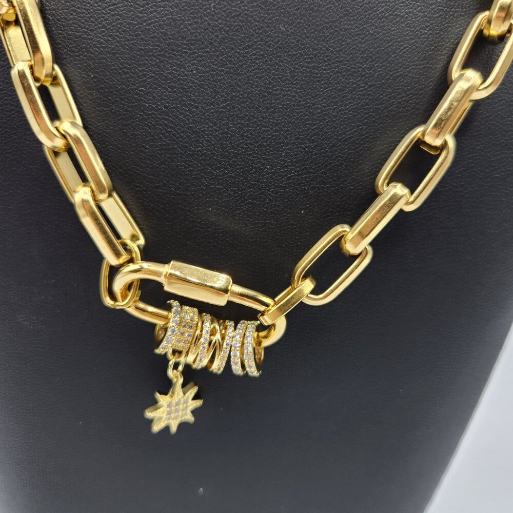 Gold plated stainless  paper clip chain with carabiner zirconia charms NWOT
